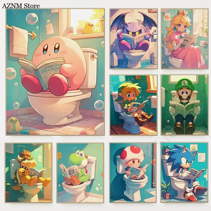 Watercolor Poster Print - Funny Bathroom Cartoon Video Game Poster