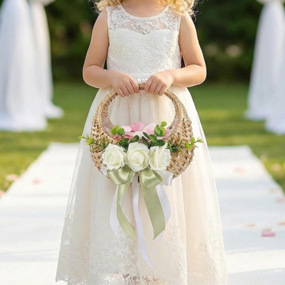 Rattan Plant Basket - Rattan Flower Girl Basket with Rose