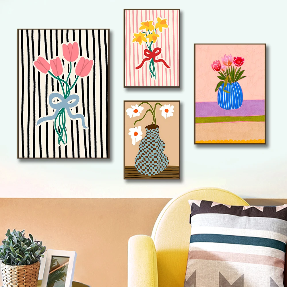 Home Decor Vase - Vintage Botanical Poster Stripes Flower Vase