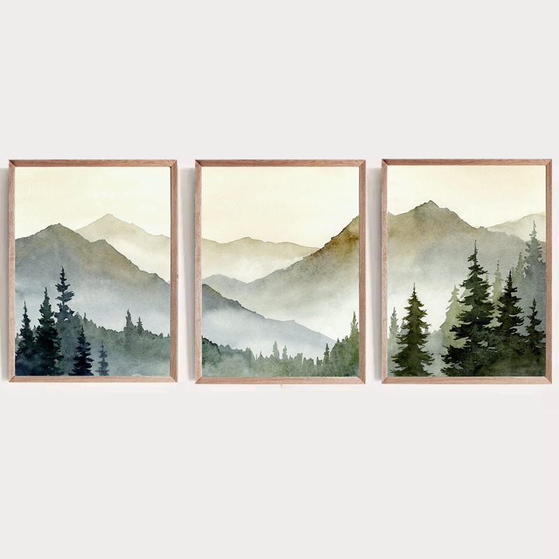 Watercolor Poster Print - Sunset Green Mountain Watercolor Poster Pine