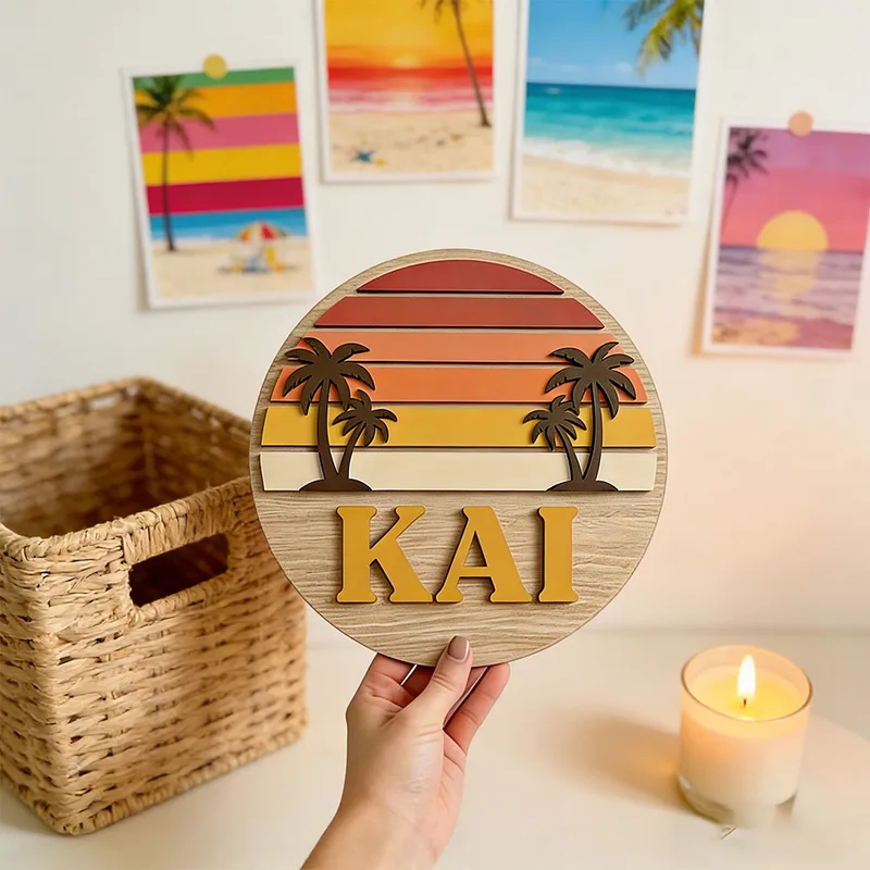 Wooden Letter Sign - Customizable Round Vintage Beach Sunset Palm