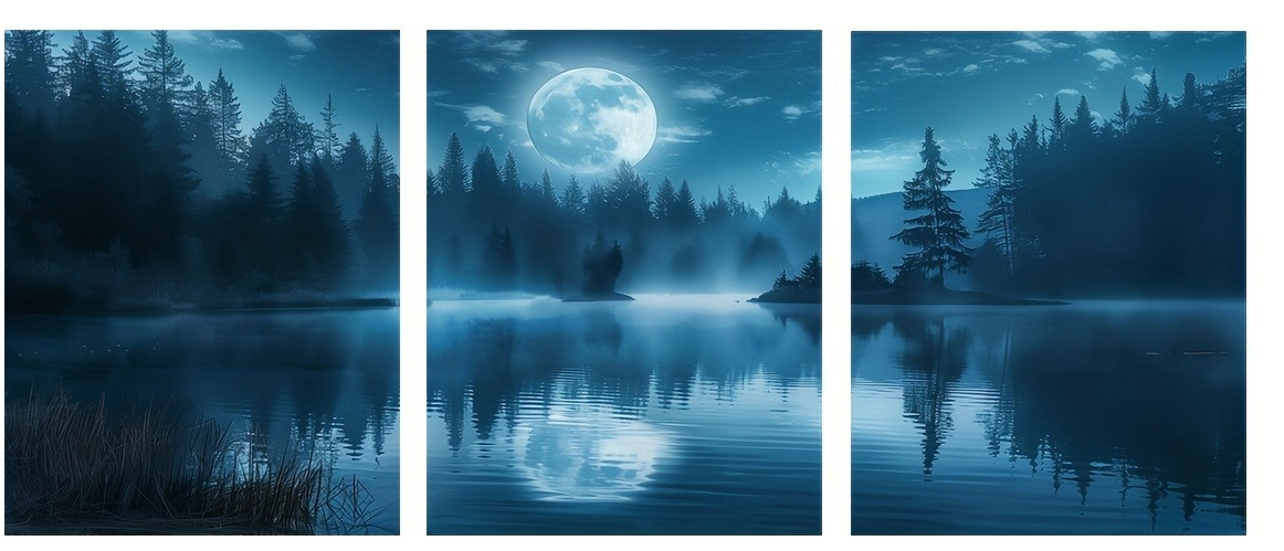 3 Panels Moon Forest Lake Canv - Home Decor Wall Panels ulasan dan harga